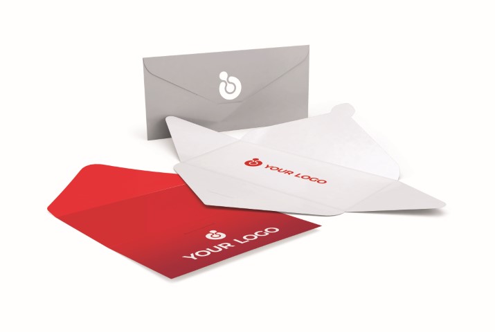 red and white envelops with logos