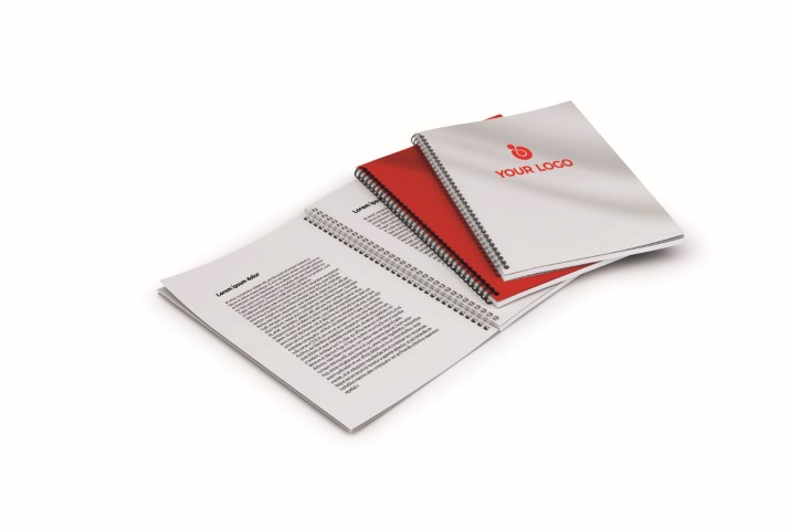 red and white booklets with logos